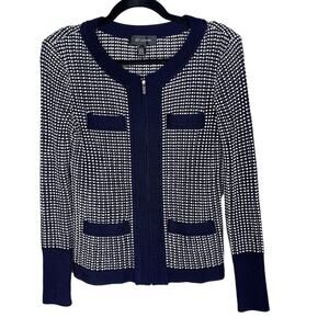 St. John 4 Navy Blue White Textured Knit Cardigan Sweater Zip Front Cotton Wool